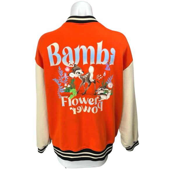 H&M Disney Bambi Flower Power Orange Button Up Varsity Letterman Bomber Jacket M - Picture 1 of 5